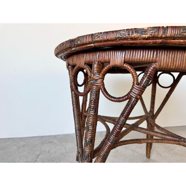 1960s Vintage Boho Chic Bamboo and Rattan Round Accent Table For Sale - Image 5 of 12