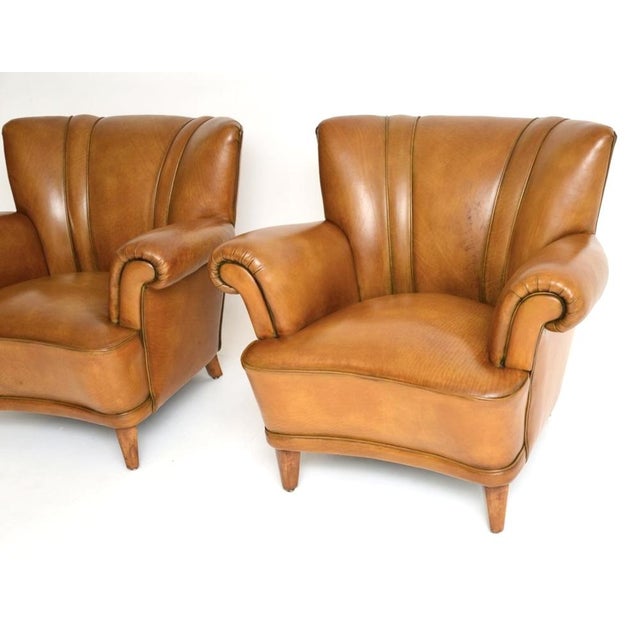 Wood Vintage Swedish Leather Club Armchairs, 1940s, Set of 2 For Sale - Image 7 of 9
