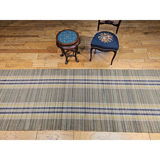 Textile Vintage American Amish Rag Runner, Handwoven Stripe Pattern, Green & Yellow, 3x16 For Sale - Image 7 of 18