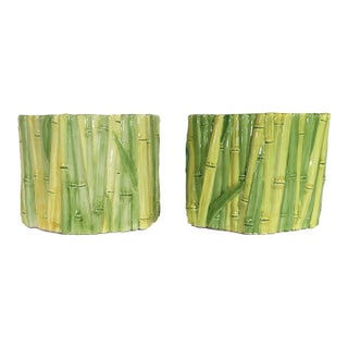 Italian Hollywood Regency Faux Bamboo Ceramic Cachepots- A Pair For Sale