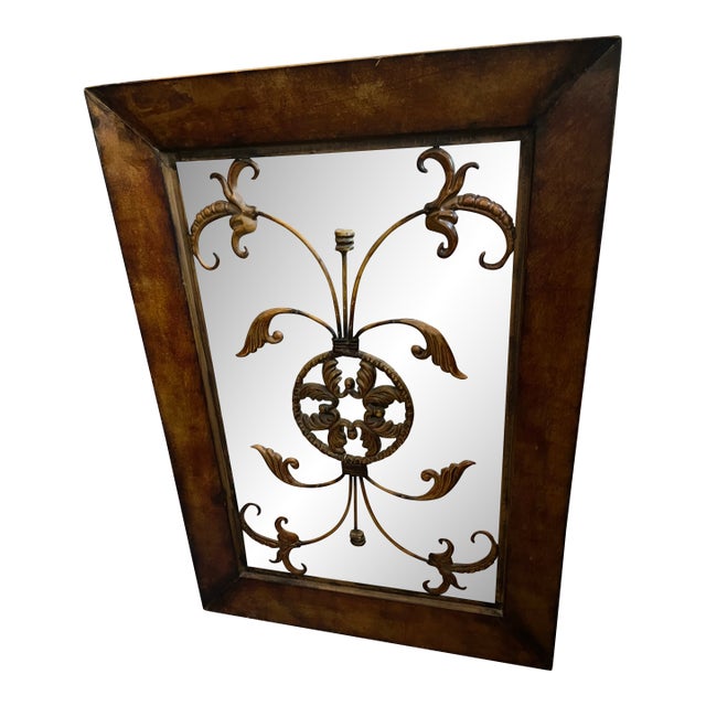 Rare Vintage, Antiqued Metal Overlain Oak Framed, Floral Scroll-Worked, Accent Wall Mirror (30” X 20”) For Sale