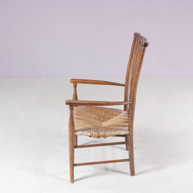 Small Arts & Craft Movement Low Spindlers Back Hearth Side Chair with Wicker Seat by Morris & Co for Liberty and Co Stowaway, London, 1930s For Sale - Image 4 of 12
