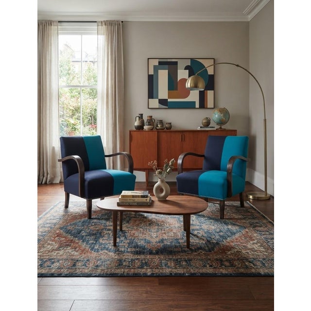 Vintage Hungarian Rumba Lounge Chairs in Two-Tone Navy Blue and Turquoise Fabric with Wooden Frames, Set of 2 For Sale - Image 3 of 5