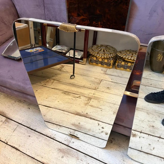Two 1950s Gio Ponti Style Mid-Century Modern Wood and Brass Wall Mirrors For Sale - Image 6 of 16