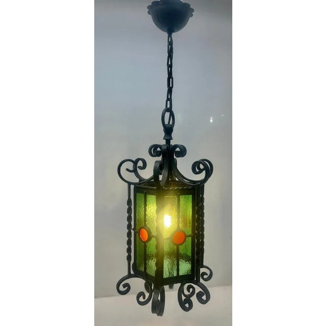 1930s Arts & Crafts Forget and Colored Glass Pendant Lobby Lamp, 1930s For Sale - Image 5 of 11