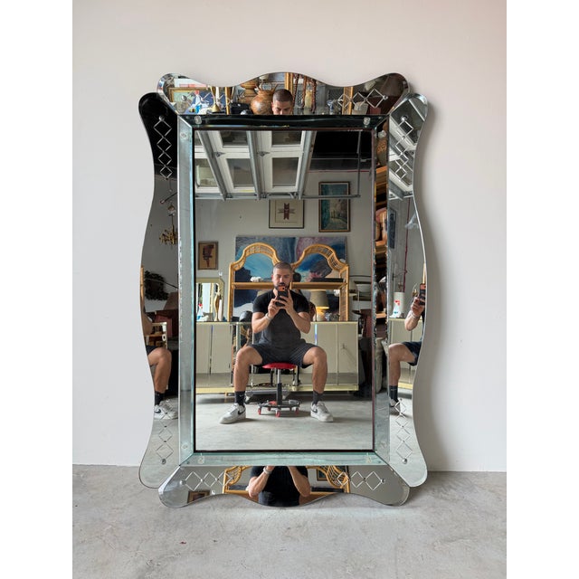 1960s Large- 1960s Italian Hollywood Regency Scalloped Etched Beveled Wall Mirror For Sale - Image 5 of 13