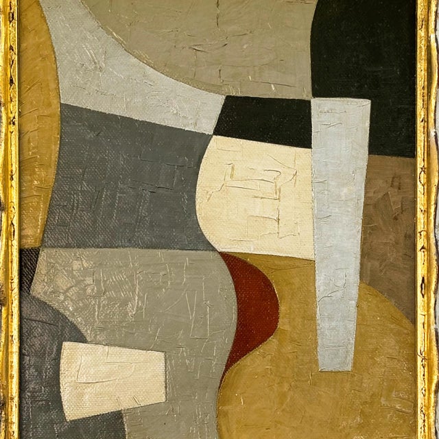 Mid-Century Modern Contemporary Abstract Neutral Oil Painting in Vintage Off-White Frame For Sale - Image 3 of 6