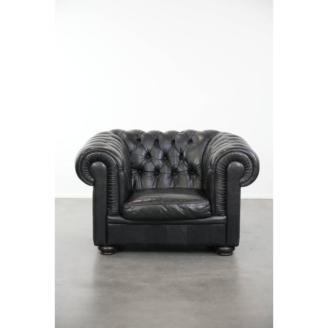 Black Chesterfield Sofa, Armchair, and Ottoman in Cowhide, Set of 3 For Sale - Image 13 of 18