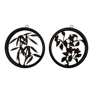 Set of 2 Vintage Metal Botanical 5” Wall Hangings – Round Floral & Bamboo Wall Art (China) For Sale