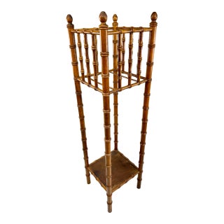 Early 20th Century Faux Bamboo Turned Wood Plant Stand / Pedestal With Gallery Top For Sale