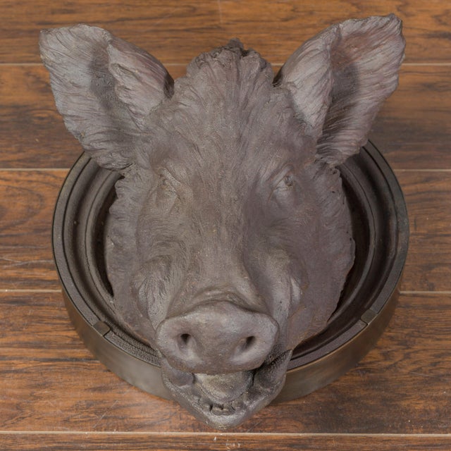 English 1880s Terracotta Hog Head Mounted on New Custom Circular Iron Frame For Sale - Image 11 of 12