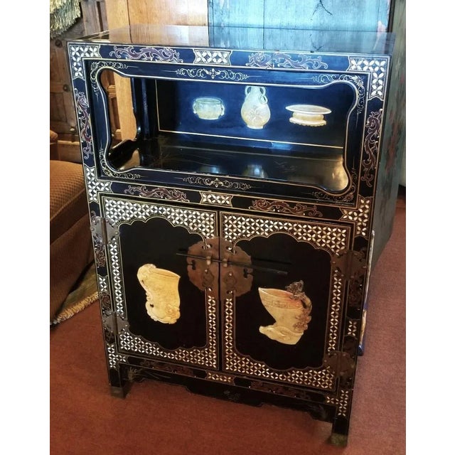 Black 1980s Chinoiserie Cabinet with Mother of Pearl Inlay and Stone Carvings For Sale - Image 8 of 8