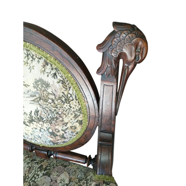 1920s Rare Pair of Antique Medallion Back Parlor Armchairs – Ornate Carved Wood & Floral Tapestry For Sale - Image 5 of 12