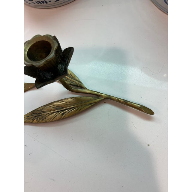 Mid 20th Century Vintage Brass Lotus Flower Candle Holders Tablescape With Leaf Bases - A Pair For Sale - Image 5 of 12