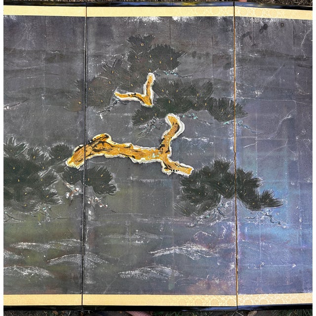 Wood Vintage Japanese Four-Panel Hand-Painted Silver Leaf Pine Tree Folding Screen For Sale - Image 7 of 16