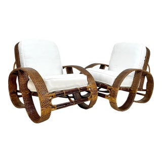 Vintage Rattan Woven Cane Wrapped Pretzel Lounge Chairs- a Pair For Sale