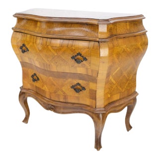 Italian Parquet Burl Wood Bombe Style Compact Entry Chest of Drawers Dresser For Sale