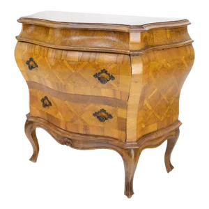 Italian Parquet Burl Wood Bombe Style Compact Entry Chest of Drawers Dresser