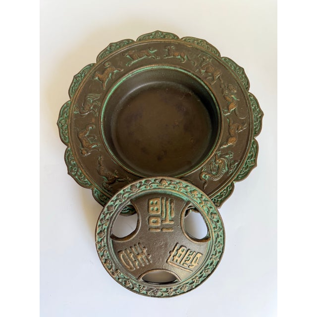 Vintage Japanese Cast Iron Zodiac Astrology Incense Burner With Verdigris Patina For Sale - Image 4 of 8