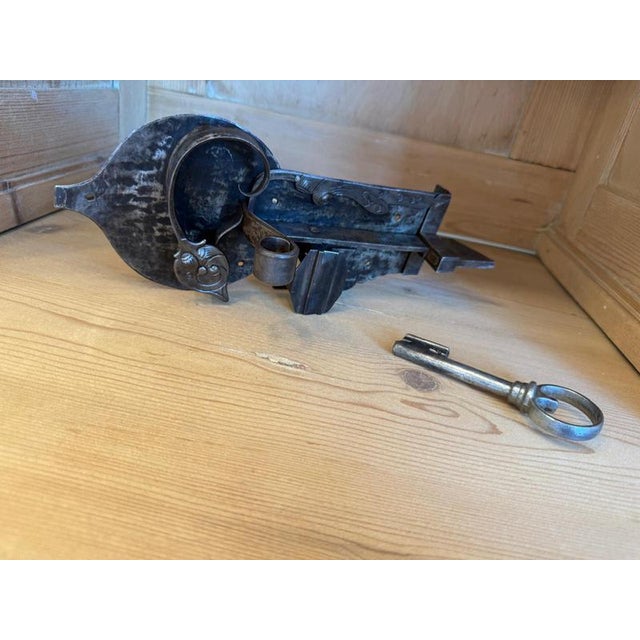 Antique Baroque Gate Lock, Iron Key, Dimensions: Height 33 x 13 cm. Original, well-preserved Baroque door lock with bolt...
