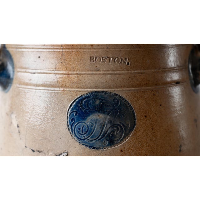 Jonathan Fenton Stoneware Jar, j.f. Cartouche & Cobalt Flower, Boston, c.1795 For Sale - Image 4 of 18