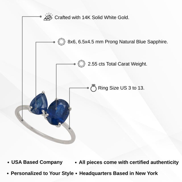 Contemporary 2.55ct Pear & Oval Blue Sapphire Toi Et Moi Ring Size 6 in 14k White Gold For Sale - Image 13 of 17