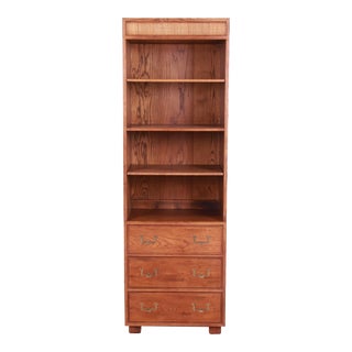Henredon Mid-Century Modern Campaign Oak and Cane Bookcase on Chest For Sale