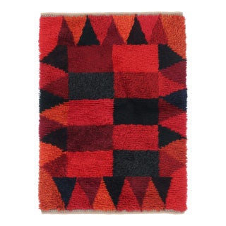 Vintage Swedish Rya Rug, Red and Black Geometric Pattern - Rug & Kilim For Sale