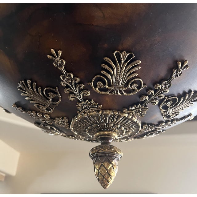 1990s Vintage French Neoclassical / Empire Style Gilt Bronze Chandelier With Tortoiseshell Patterned Bowl and Translucent Glass Shades For Sale - Image 5 of 7