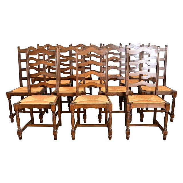 19th Century Set of 14 Ladder Back and Rush Seat Dining Chairs For Sale - Image 10 of 18