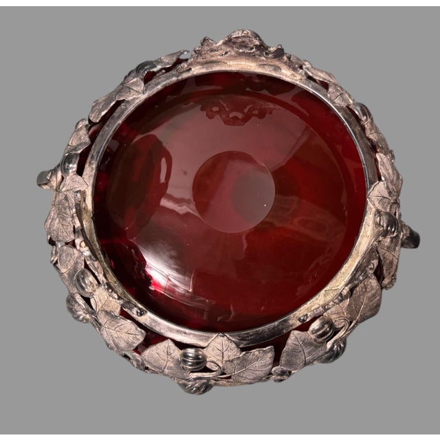Antique Victorian Silver Plate Fruit Filigree Basket With Ruby Glass Insert For Sale - Image 6 of 7