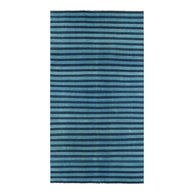 Rug & Kilim's Oversized Contemporary Dhurrie Rug in Blue Geometric Stripes - 12x15 For Sale