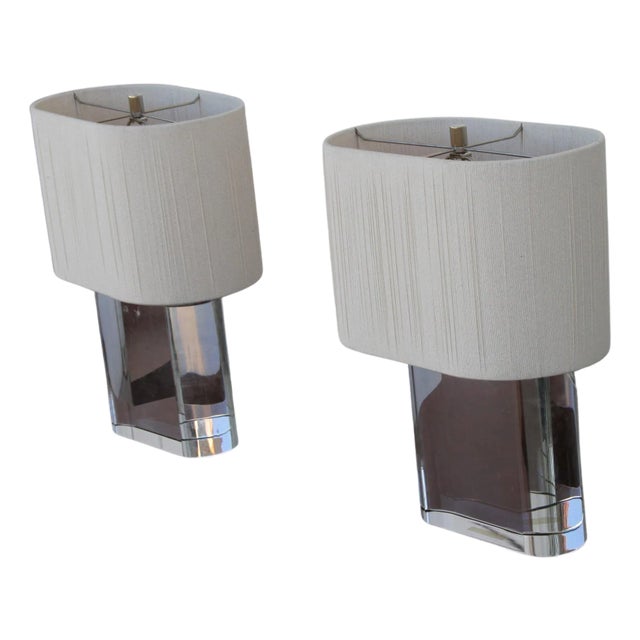 Pair of Lucite Racetrack Base Table Lamps With Shades For Sale