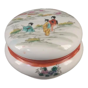 Early 20th Century Antique Hand Painted Figural Covered Trinket Vanity Box Marked Japan