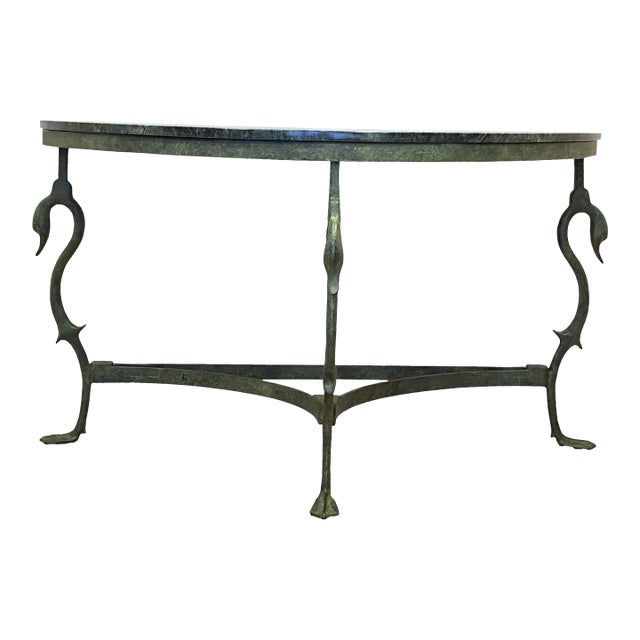 Vintage Mid Century French Wrought Iron With a Verdigris Bronze Finish Demi-Lune Console Table For Sale