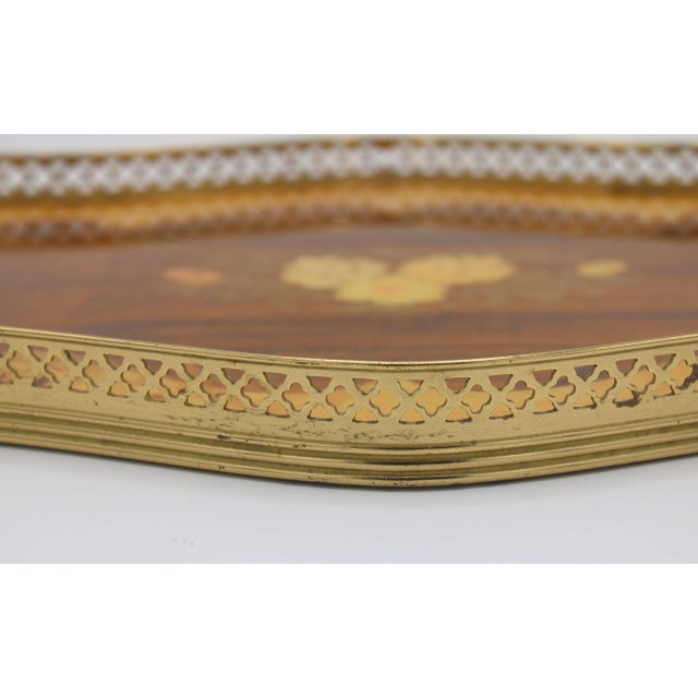 Wood Mid Century Italian Marquetry Wooden Tray With Brass Handles For Sale - Image 7 of 9