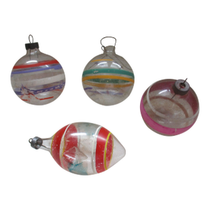 Vintage Ww2 Era Assorted Glass Unsilvered Striped Solid Ball Christmas Ornaments Set of 4