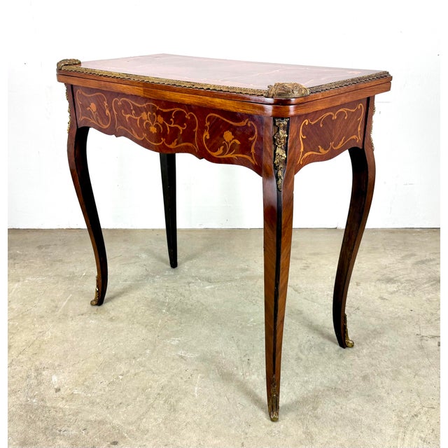 French Antique French Louis XV Style Marquetry and Ormolu Flip Top Game Table For Sale - Image 3 of 12