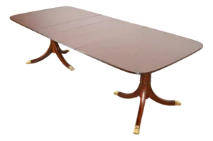 Baker Furniture Style Georgian Banded Mahogany Double Pedestal Extension Dining Table, Newly Refinished