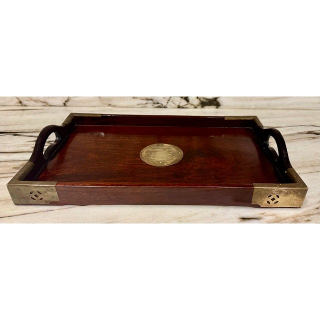 Mid-20th Century Chinese Rosewood Chinese Rosewood Tray Brass Mounts & Medallion For Sale - Image 4 of 6