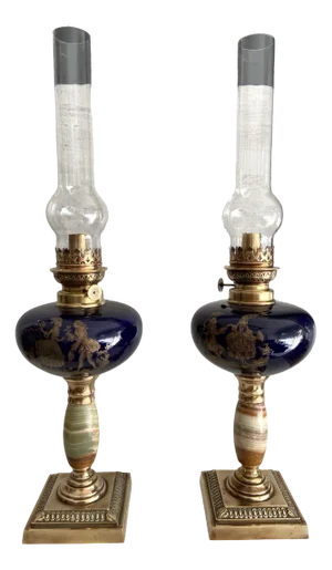 Oil Lamps in Bronze and Earthenware, 1890s, Set of 2
