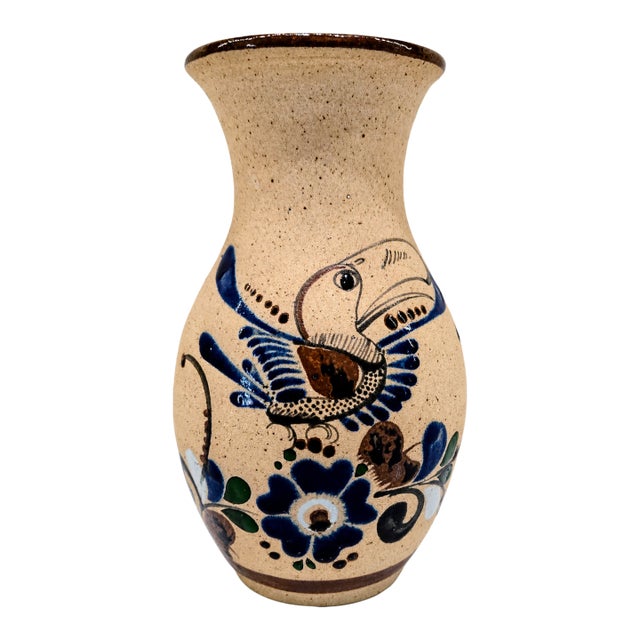Vintage Mexican Tonalá Style Sandstone Bird Pottery Vase – Hand Painted Folk Art For Sale
