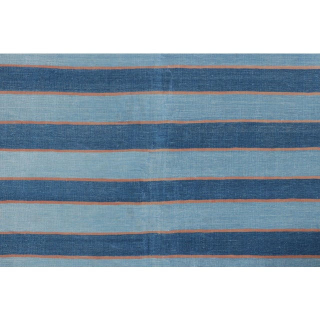 Rug & Kilim Vintage Dhurrie Rug With Navy and Sky Blue Stripes, Pink Accents - Rug & Kilim For Sale - Image 4 of 7