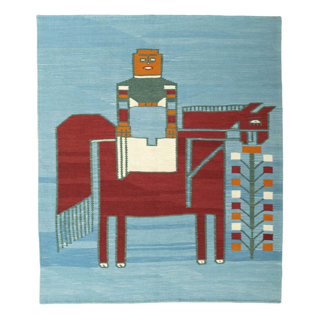Hand-Woven Designer Kilim Rug with Artful Equestrian Motif in Soft Blue Tones For Sale