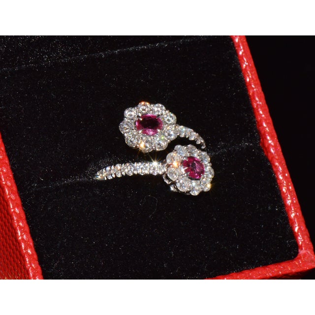 Certified Natural 2.08cts Ruby & Diamond Floral Bypass Halo Ring in Solid 18k White Gold, Size 5.5 For Sale - Image 12 of 12