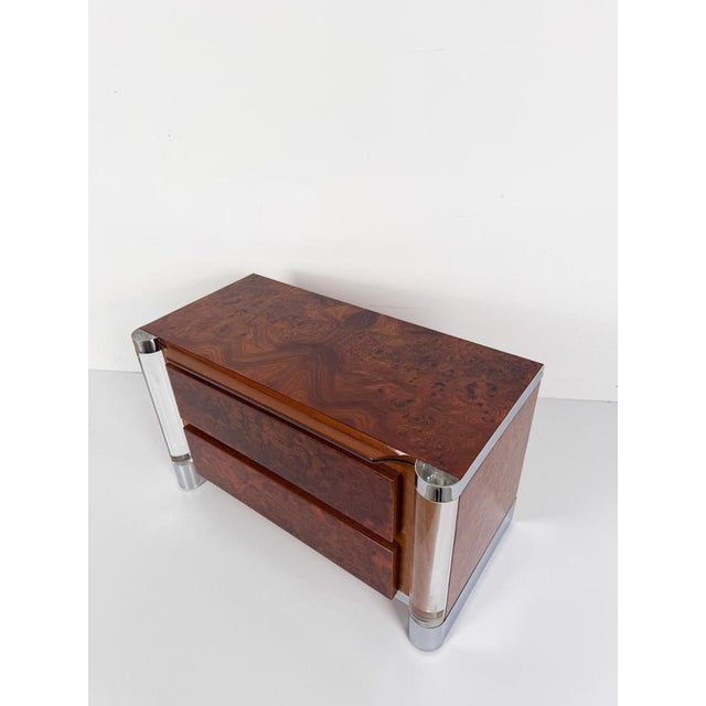 Mid-Century Burl Wood, Chrome and Acrylic Glass Nightstands, 1970s, Set of 2 For Sale - Image 15 of 18