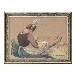 Gaston Chabernaud "Peasant Girl" Pastel & Wash For Sale