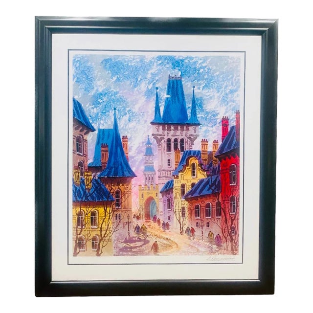 Street of Old Prague, Anatole Krasnyanshy Large Seriolithograph,Framed and Signed in Plate. For Sale