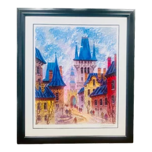 Street of Old Prague, Anatole Krasnyanshy Large Seriolithograph,Framed and Signed in Plate.