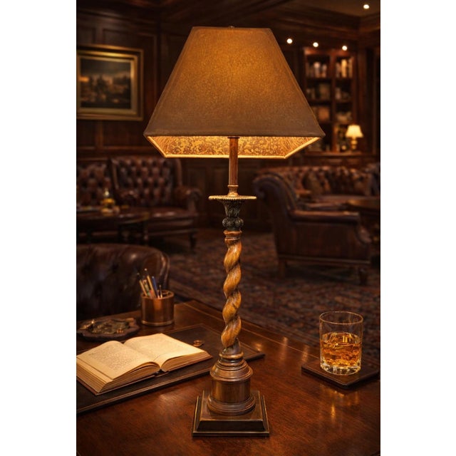English Vintage Theodore Alexander Barley Twist Lamp, Leather‑Look Shade, Faux Tortoise Shell Liner, Tall at 37.5” Ralph Lauren Style Club Room - See Pics! For Sale - Image 3 of 11